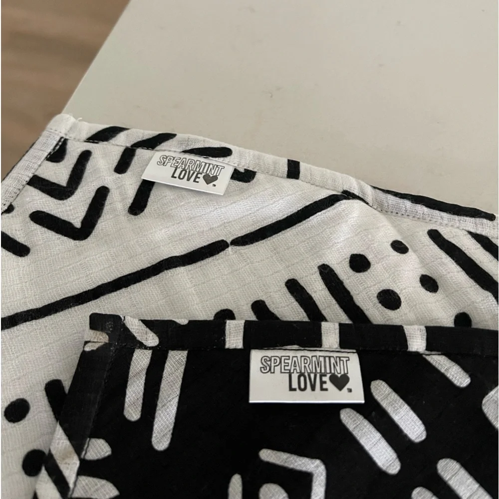 Set of 2 Spearmint Love Muslin Bandana Bibs – Black & White Mud Cloth Print NWOT